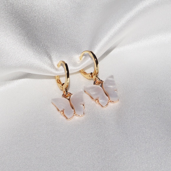 White butterfly Huggie Earrings - Picture 2 of 2